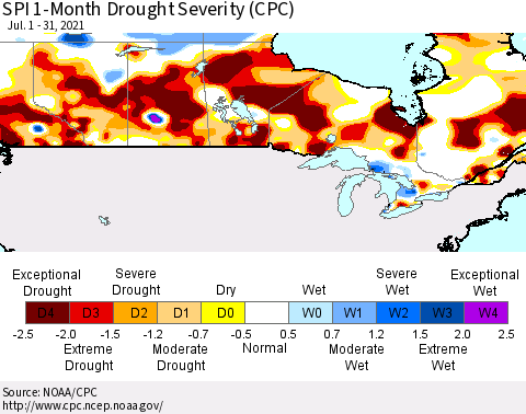 Canada SPI 1-Month Drought Severity (CPC) Thematic Map For 7/1/2021 - 7/31/2021