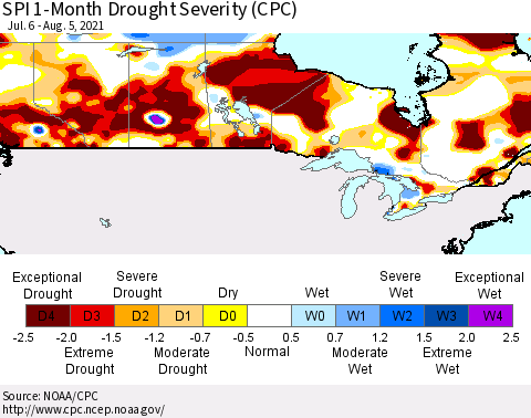 Canada SPI 1-Month Drought Severity (CPC) Thematic Map For 7/6/2021 - 8/5/2021