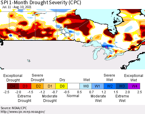Canada SPI 1-Month Drought Severity (CPC) Thematic Map For 7/11/2021 - 8/10/2021