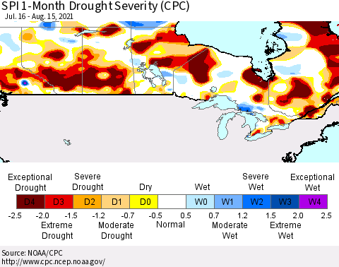 Canada SPI 1-Month Drought Severity (CPC) Thematic Map For 7/16/2021 - 8/15/2021
