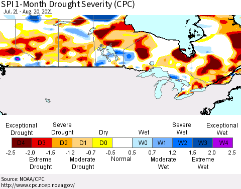 Canada SPI 1-Month Drought Severity (CPC) Thematic Map For 7/21/2021 - 8/20/2021