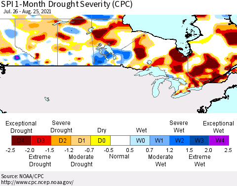 Canada SPI 1-Month Drought Severity (CPC) Thematic Map For 7/26/2021 - 8/25/2021