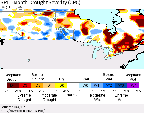 Canada SPI 1-Month Drought Severity (CPC) Thematic Map For 8/1/2021 - 8/31/2021