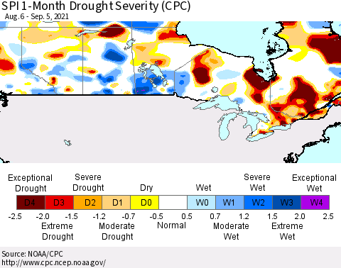 Canada SPI 1-Month Drought Severity (CPC) Thematic Map For 8/6/2021 - 9/5/2021