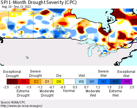 Canada SPI 1-Month Drought Severity (CPC) Thematic Map For 8/16/2021 - 9/15/2021