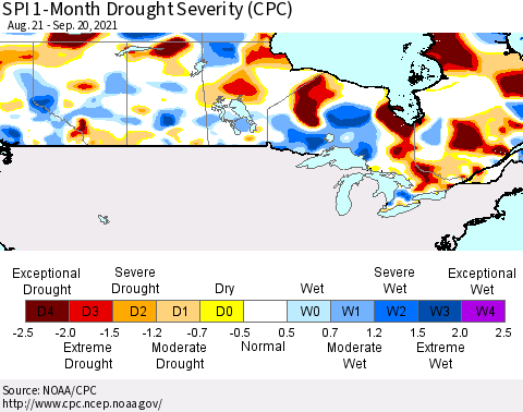 Canada SPI 1-Month Drought Severity (CPC) Thematic Map For 8/21/2021 - 9/20/2021