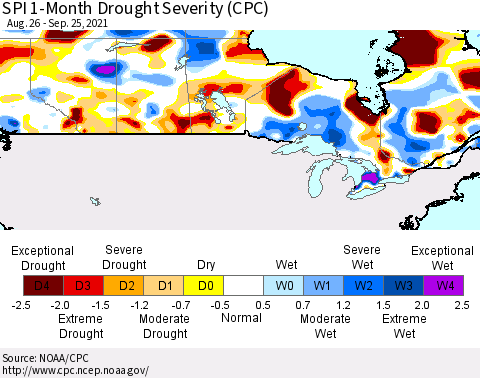 Canada SPI 1-Month Drought Severity (CPC) Thematic Map For 8/26/2021 - 9/25/2021