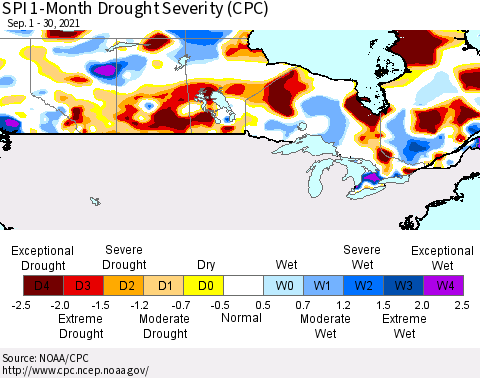 Canada SPI 1-Month Drought Severity (CPC) Thematic Map For 9/1/2021 - 9/30/2021