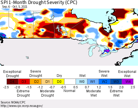 Canada SPI 1-Month Drought Severity (CPC) Thematic Map For 9/6/2021 - 10/5/2021