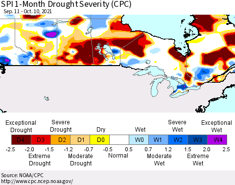 Canada SPI 1-Month Drought Severity (CPC) Thematic Map For 9/11/2021 - 10/10/2021