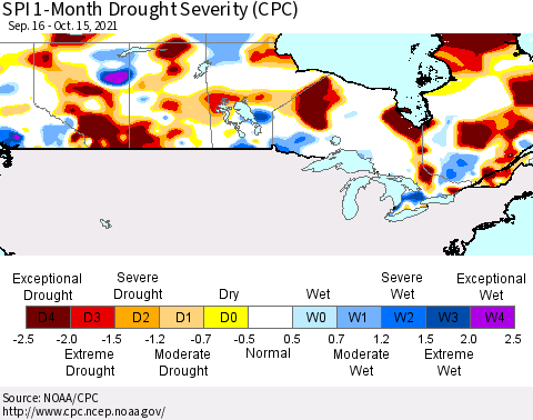 Canada SPI 1-Month Drought Severity (CPC) Thematic Map For 9/16/2021 - 10/15/2021