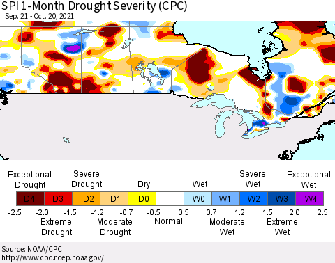 Canada SPI 1-Month Drought Severity (CPC) Thematic Map For 9/21/2021 - 10/20/2021
