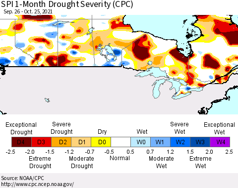 Canada SPI 1-Month Drought Severity (CPC) Thematic Map For 9/26/2021 - 10/25/2021