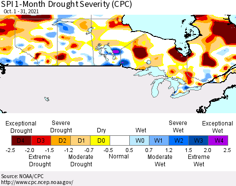 Canada SPI 1-Month Drought Severity (CPC) Thematic Map For 10/1/2021 - 10/31/2021