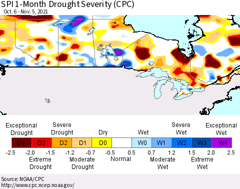 Canada SPI 1-Month Drought Severity (CPC) Thematic Map For 10/6/2021 - 11/5/2021