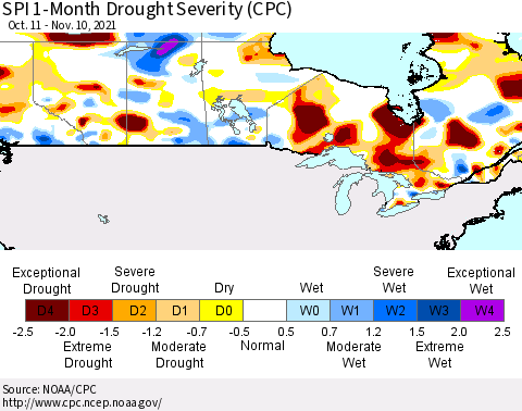 Canada SPI 1-Month Drought Severity (CPC) Thematic Map For 10/11/2021 - 11/10/2021