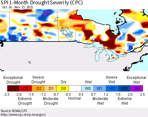 Canada SPI 1-Month Drought Severity (CPC) Thematic Map For 10/16/2021 - 11/15/2021