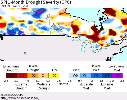 Canada SPI 1-Month Drought Severity (CPC) Thematic Map For 10/21/2021 - 11/20/2021