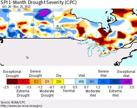 Canada SPI 1-Month Drought Severity (CPC) Thematic Map For 10/26/2021 - 11/25/2021
