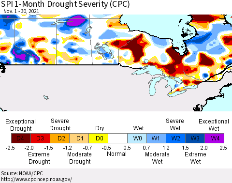Canada SPI 1-Month Drought Severity (CPC) Thematic Map For 11/1/2021 - 11/30/2021