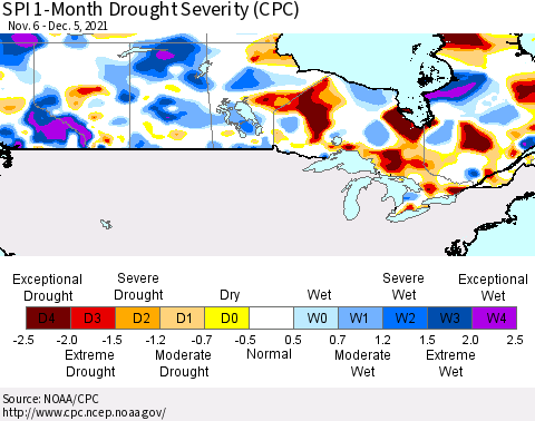 Canada SPI 1-Month Drought Severity (CPC) Thematic Map For 11/6/2021 - 12/5/2021