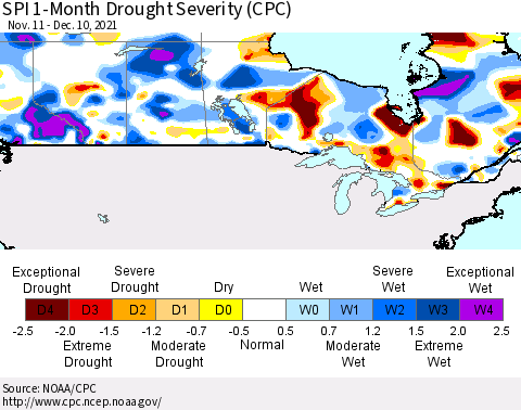 Canada SPI 1-Month Drought Severity (CPC) Thematic Map For 11/11/2021 - 12/10/2021