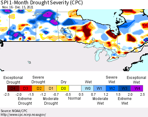 Canada SPI 1-Month Drought Severity (CPC) Thematic Map For 11/16/2021 - 12/15/2021