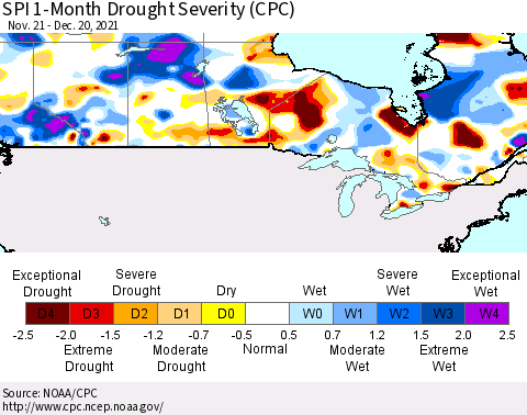 Canada SPI 1-Month Drought Severity (CPC) Thematic Map For 11/21/2021 - 12/20/2021