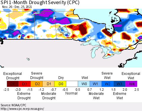 Canada SPI 1-Month Drought Severity (CPC) Thematic Map For 11/26/2021 - 12/25/2021