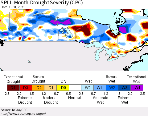 Canada SPI 1-Month Drought Severity (CPC) Thematic Map For 12/1/2021 - 12/31/2021