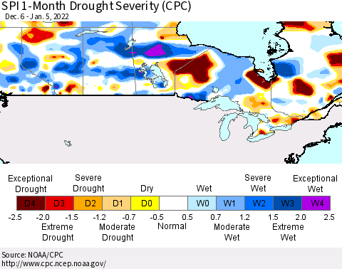 Canada SPI 1-Month Drought Severity (CPC) Thematic Map For 12/6/2021 - 1/5/2022