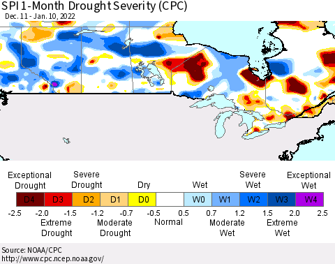 Canada SPI 1-Month Drought Severity (CPC) Thematic Map For 12/11/2021 - 1/10/2022