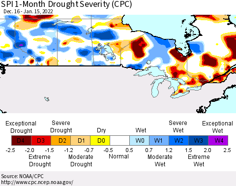 Canada SPI 1-Month Drought Severity (CPC) Thematic Map For 12/16/2021 - 1/15/2022