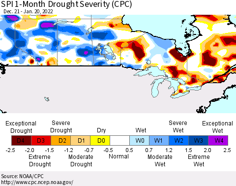 Canada SPI 1-Month Drought Severity (CPC) Thematic Map For 12/21/2021 - 1/20/2022
