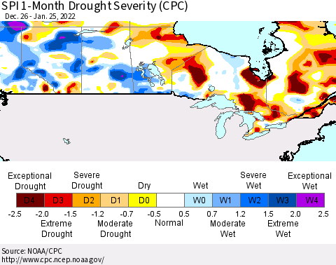 Canada SPI 1-Month Drought Severity (CPC) Thematic Map For 12/26/2021 - 1/25/2022