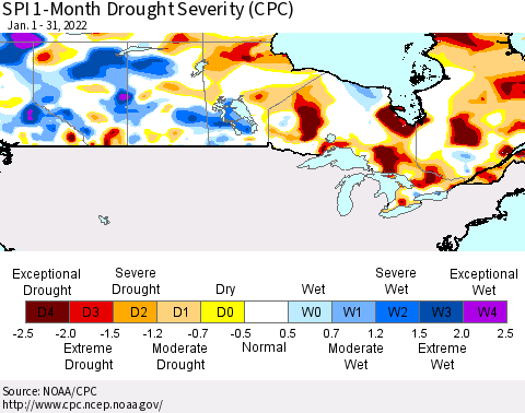 Canada SPI 1-Month Drought Severity (CPC) Thematic Map For 1/1/2022 - 1/31/2022