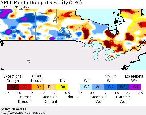 Canada SPI 1-Month Drought Severity (CPC) Thematic Map For 1/6/2022 - 2/5/2022