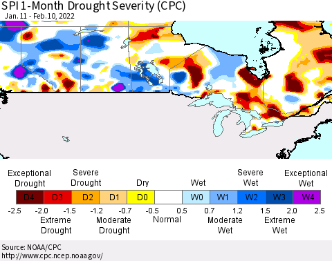 Canada SPI 1-Month Drought Severity (CPC) Thematic Map For 1/11/2022 - 2/10/2022