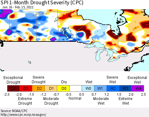 Canada SPI 1-Month Drought Severity (CPC) Thematic Map For 1/16/2022 - 2/15/2022