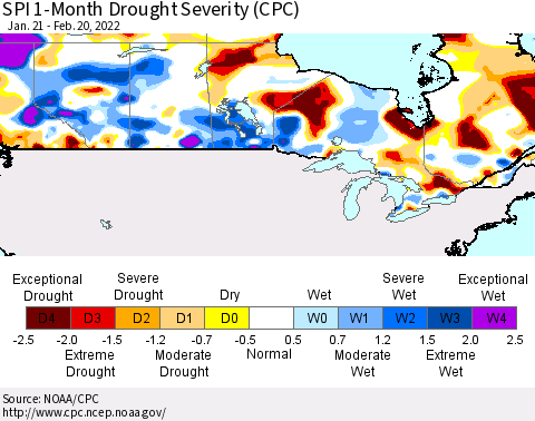 Canada SPI 1-Month Drought Severity (CPC) Thematic Map For 1/21/2022 - 2/20/2022