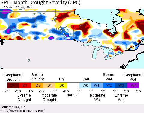 Canada SPI 1-Month Drought Severity (CPC) Thematic Map For 1/26/2022 - 2/25/2022