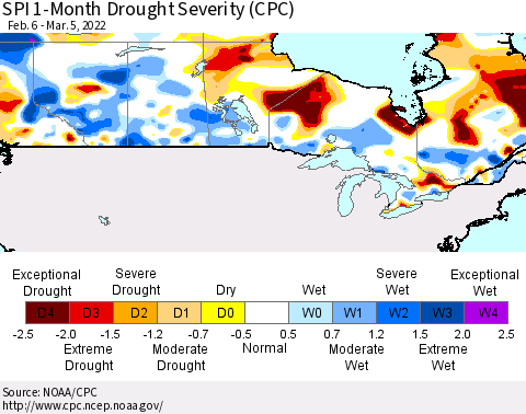 Canada SPI 1-Month Drought Severity (CPC) Thematic Map For 2/6/2022 - 3/5/2022