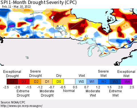 Canada SPI 1-Month Drought Severity (CPC) Thematic Map For 2/11/2022 - 3/10/2022