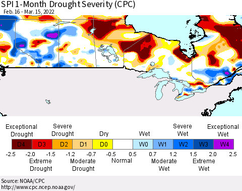 Canada SPI 1-Month Drought Severity (CPC) Thematic Map For 2/16/2022 - 3/15/2022