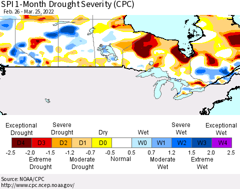 Canada SPI 1-Month Drought Severity (CPC) Thematic Map For 2/26/2022 - 3/25/2022