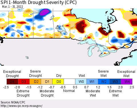 Canada SPI 1-Month Drought Severity (CPC) Thematic Map For 3/1/2022 - 3/31/2022