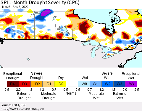 Canada SPI 1-Month Drought Severity (CPC) Thematic Map For 3/6/2022 - 4/5/2022