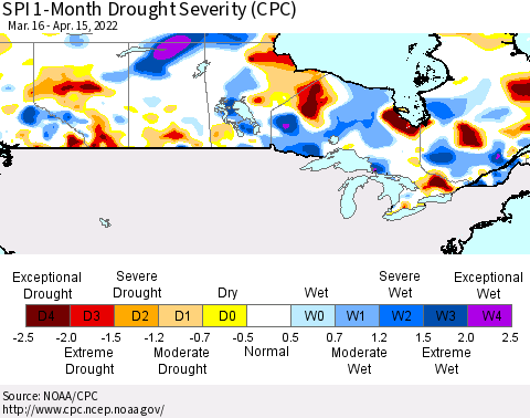 Canada SPI 1-Month Drought Severity (CPC) Thematic Map For 3/16/2022 - 4/15/2022