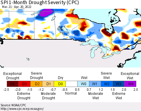 Canada SPI 1-Month Drought Severity (CPC) Thematic Map For 3/21/2022 - 4/20/2022