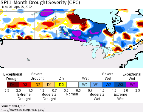Canada SPI 1-Month Drought Severity (CPC) Thematic Map For 3/26/2022 - 4/25/2022